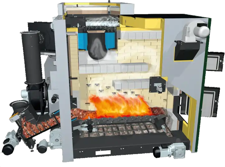 The KWB Powerfire2 is a high-performance biomass boiler with a moving grate, primary, secondary and tertiary combustion airs and exhaust gas recirculation to burn solid biomass fuels up to 40% water content.